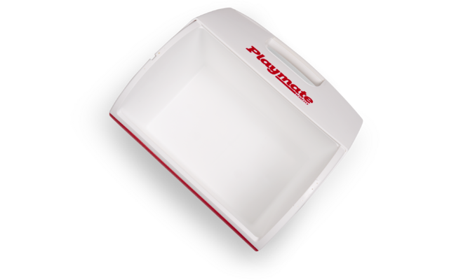 Weißes offenes rechteckiges Kunststoffbehältnis mit Griff oben und rotem Schriftzug Playmate