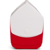 Weiß-roter Kunststoffgegenstand mit oben spitz zulaufender Form und rundem Knopf auf der Vorderseite