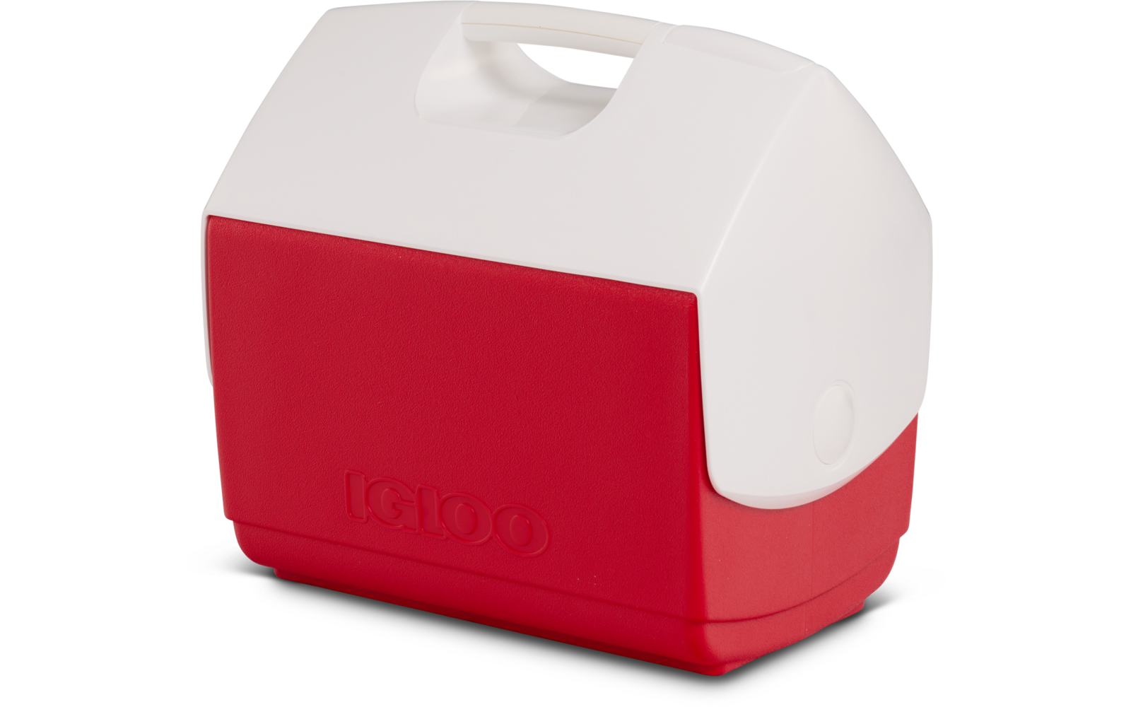 Weiße und rote Kunststoff-Kühlbox mit Tragegriff; vorne geprägtes IGLOO-Logo