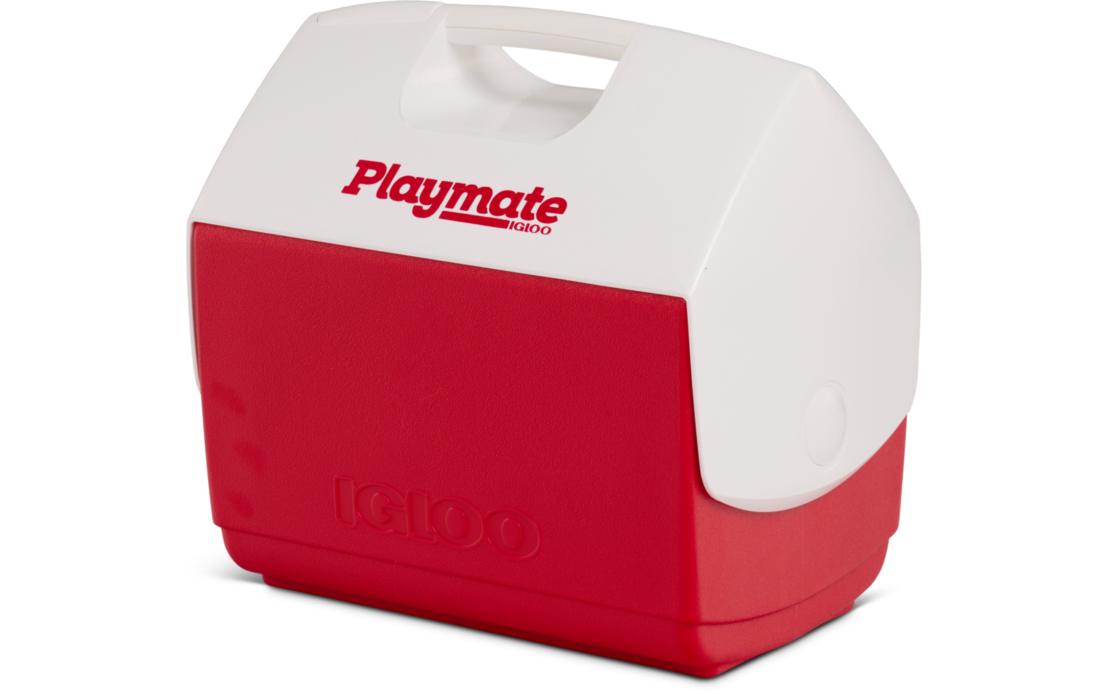Weiß-rotes Kunststoffgehäuse mit integriertem Griff oben, roter Front, rotem "Playmate"-Schriftzug auf dem weißen Deckel und "IGLOO"-Prägung auf der roten Vorderseite