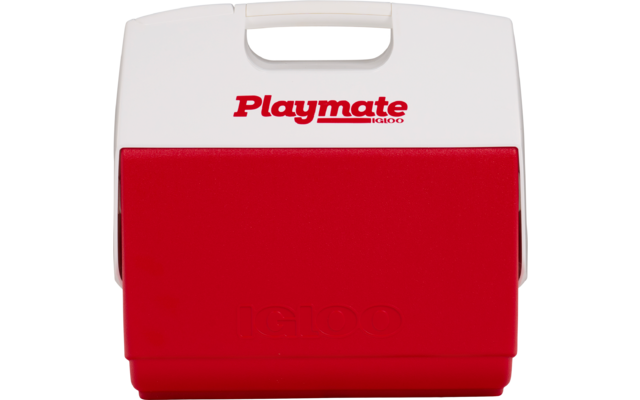 Kleine Kühlbox mit weißem Oberteil, rotem Unterteil, Griff oben und rotem Schriftzug 'Playmate'