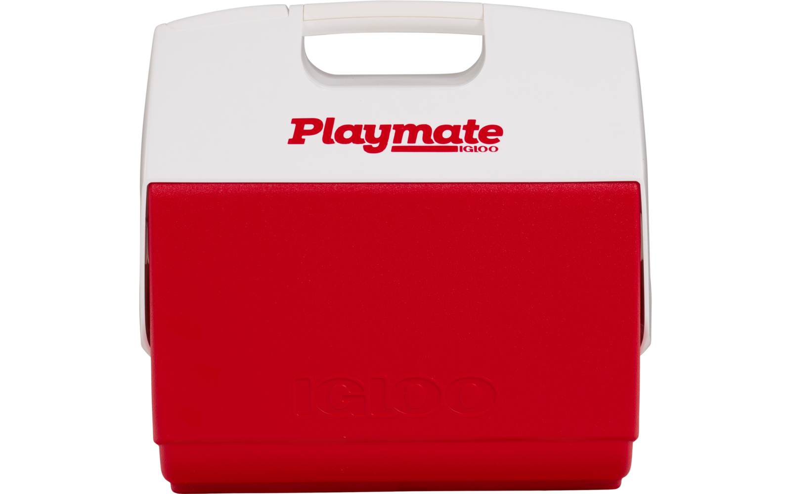 Kleine Kühlbox mit weißem Oberteil, rotem Unterteil, Griff oben und rotem Schriftzug 'Playmate'