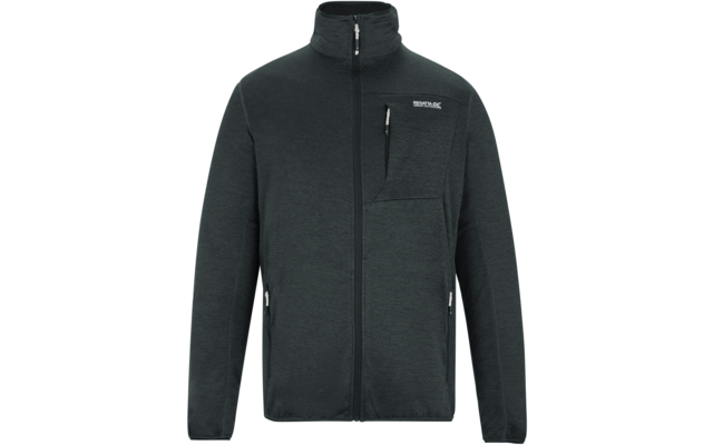 Dunkelgraue Jacke mit Frontreißverschluss, Stehkragen, senkrechter Brusttasche links mit Reißverschluss, zwei seitlichen Reißverschlusstaschen und Logo auf der linken Brust