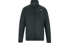 Veste gris foncé avec fermeture éclair frontale sur toute la longueur, col montant, poche poitrine verticale zippée à gauche, deux poches latérales zippées et logo sur la poitrine gauche