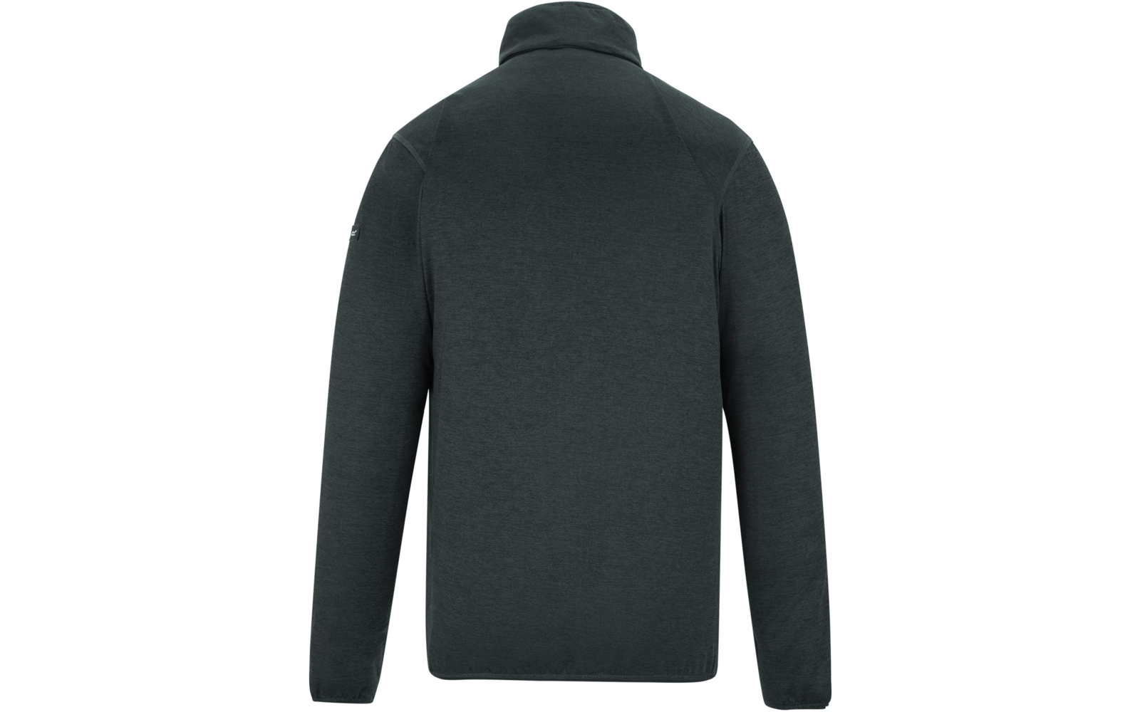 Rückansicht einer dunkelgrau-grünlichen Jacke mit Stehkragen und langen Ärmeln