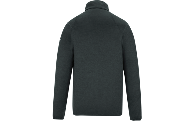 Rückansicht einer dunkelgrau-grünlichen Jacke mit Stehkragen und langen Ärmeln