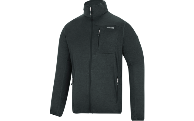 Dunkelgraue langärmelige Jacke mit durchgehendem Reißverschluss, Reißverschlusstasche auf der Brust und zwei seitlichen Reißverschlusstaschen