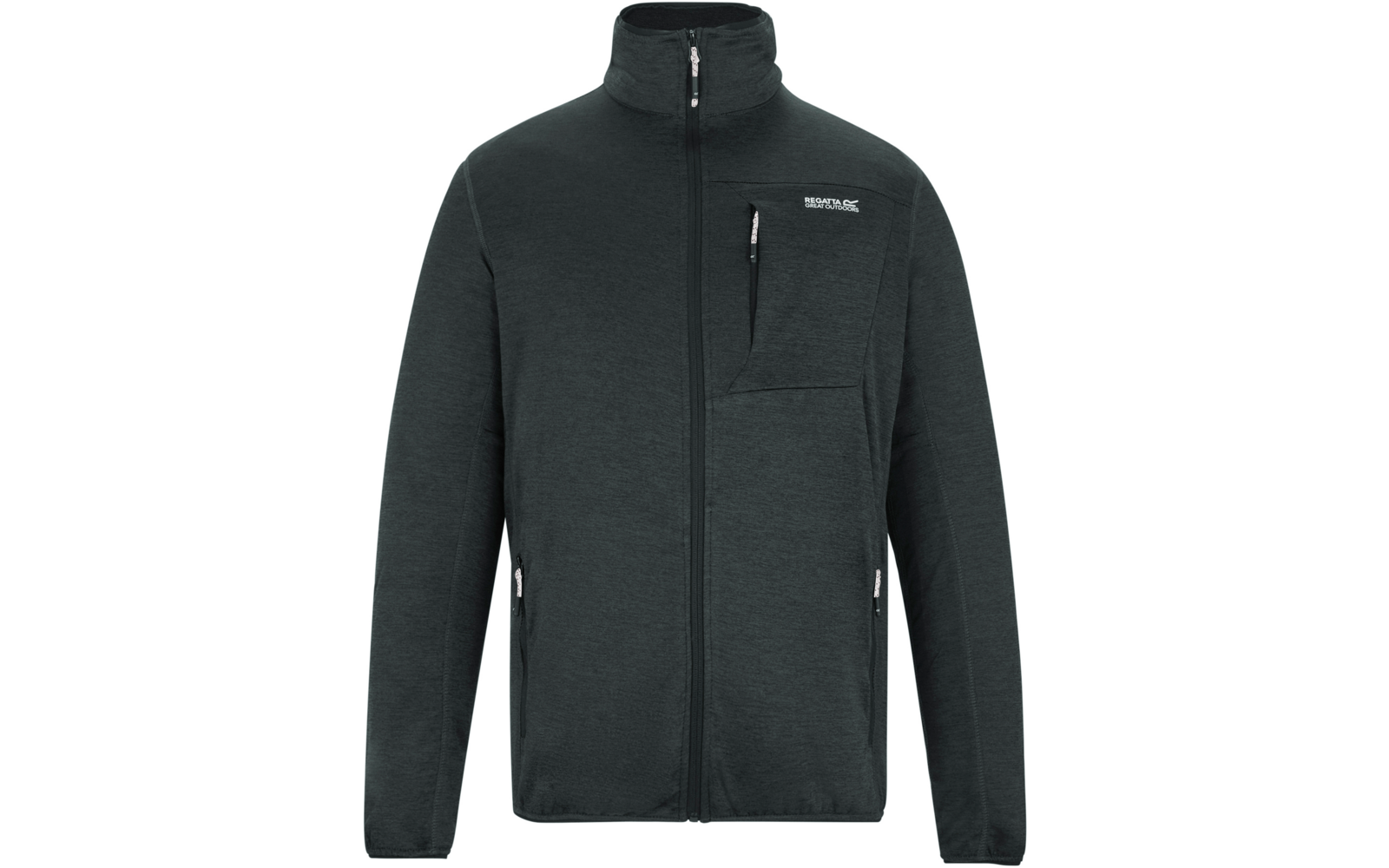 Dunkelgraue Jacke mit Frontreißverschluss, Stehkragen, senkrechter Brusttasche links mit Reißverschluss, zwei seitlichen Reißverschlusstaschen und Logo auf der linken Brust