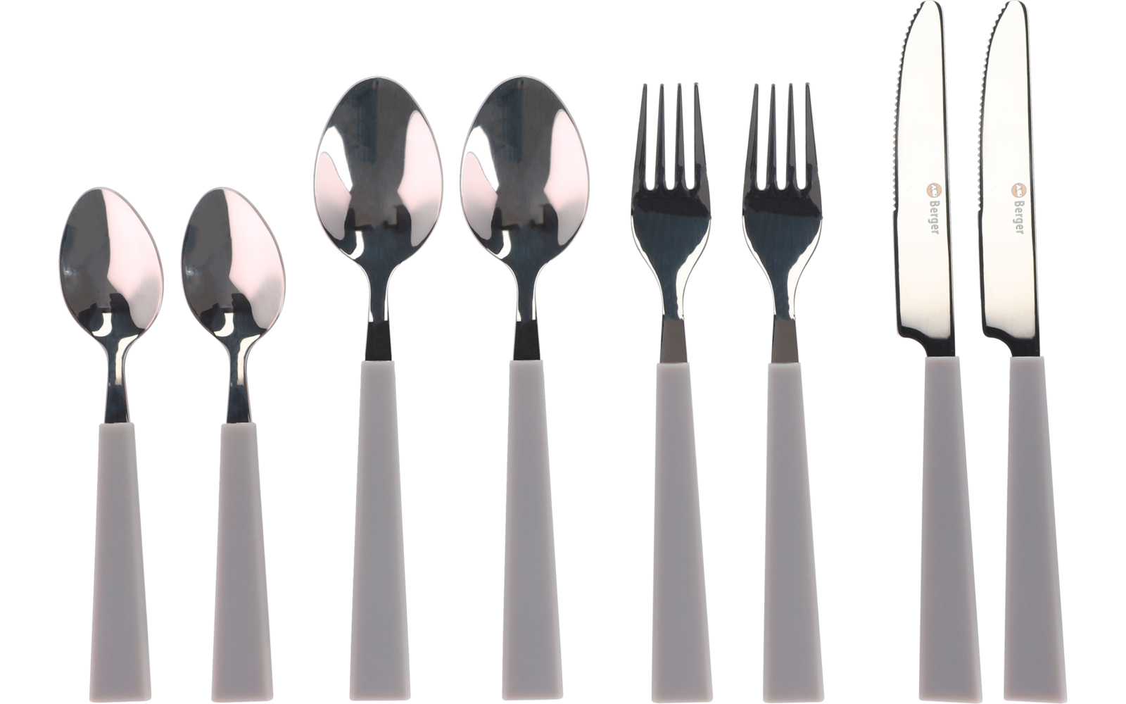 Besteck bestehend aus drei Löffeln, drei Gabeln und zwei Messern mit hellen Griffen