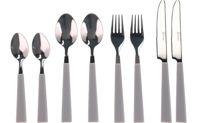 Besteck bestehend aus drei Löffeln, drei Gabeln und zwei Messern mit hellen Griffen