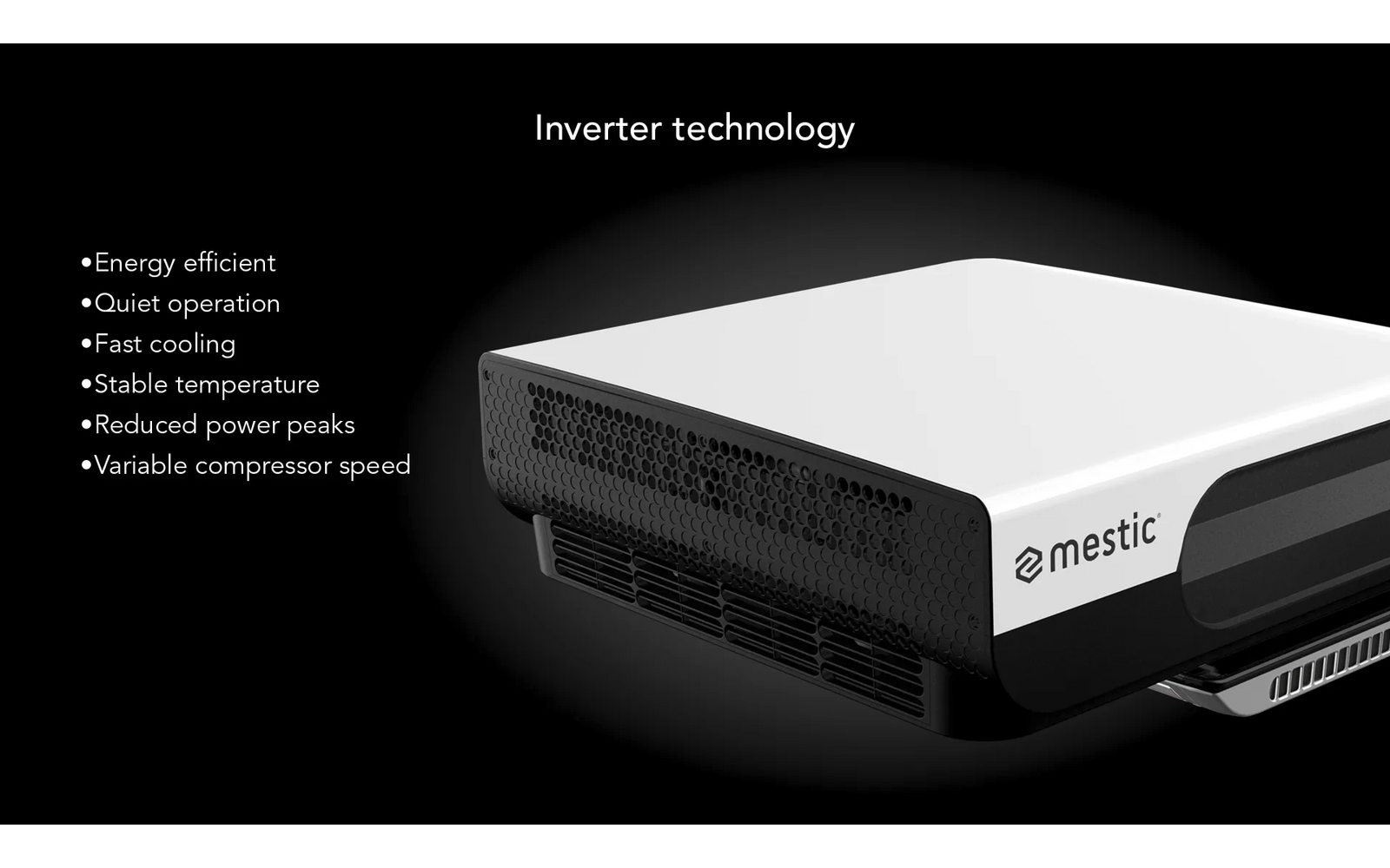 Weiß-schwarzes rechteckiges Gerät mit Lüftungsöffnungen und Logo 'mestic' auf dunklem Hintergrund; links der Text 'Inverter technology' und eine Aufzählung: 'Energy efficient', 'Quiet operation', 'Fast cooling', 'Stable temperature', 'Reduced power p