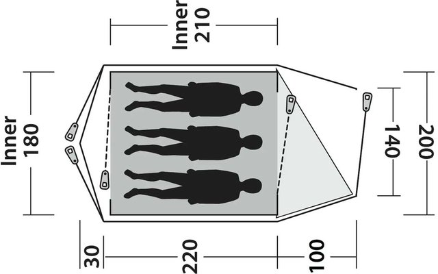 Draufsicht einer Zeltskizze mit drei liegenden Silhouetten und Maßangaben