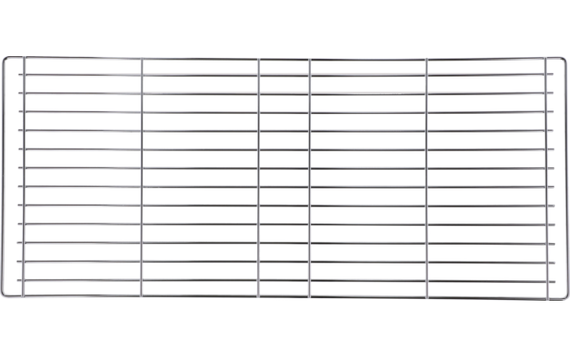Ein rechteckiges, metallisches Grillrost mit parallelen Streben