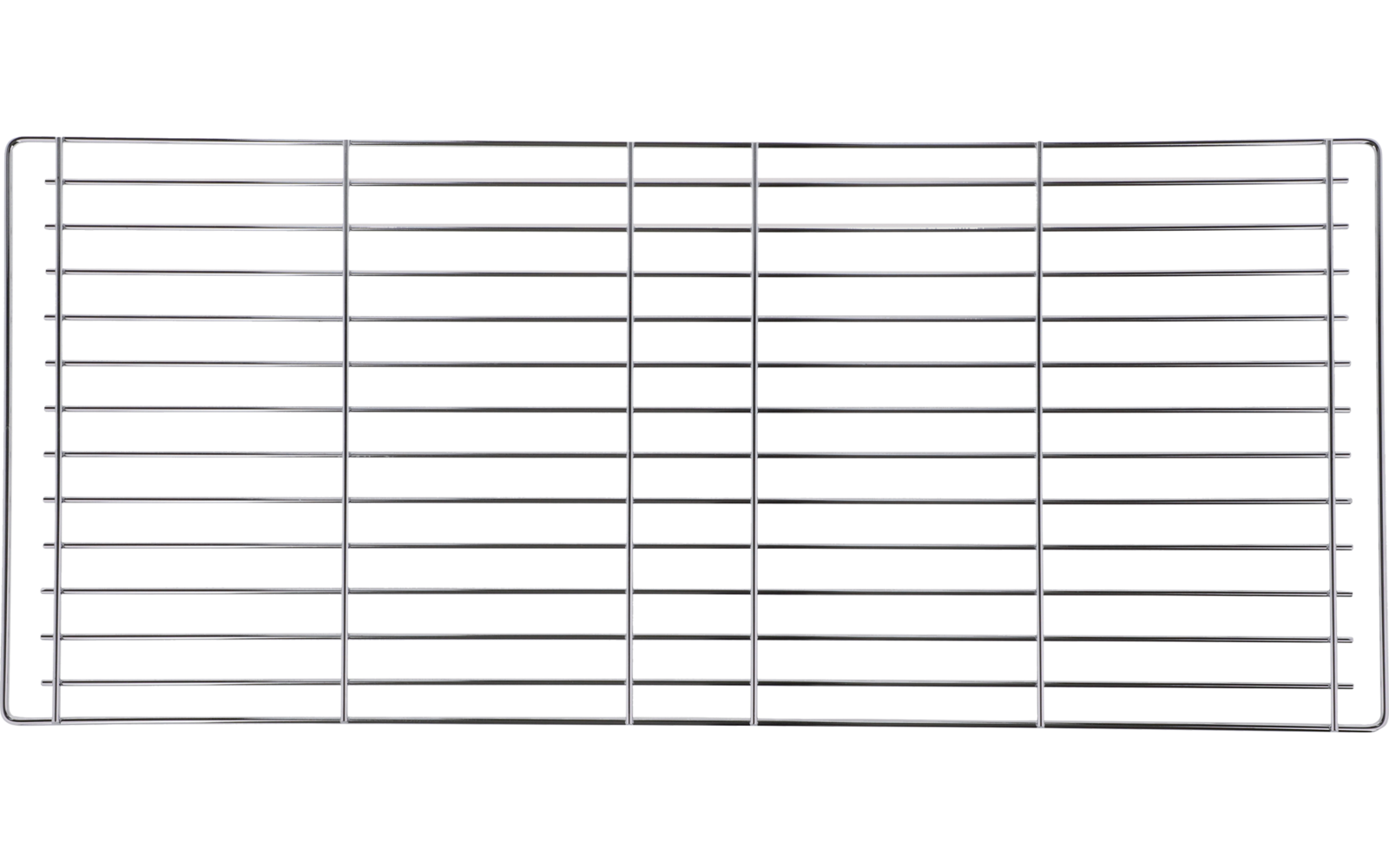 Ein rechteckiges, metallisches Grillrost mit parallelen Streben