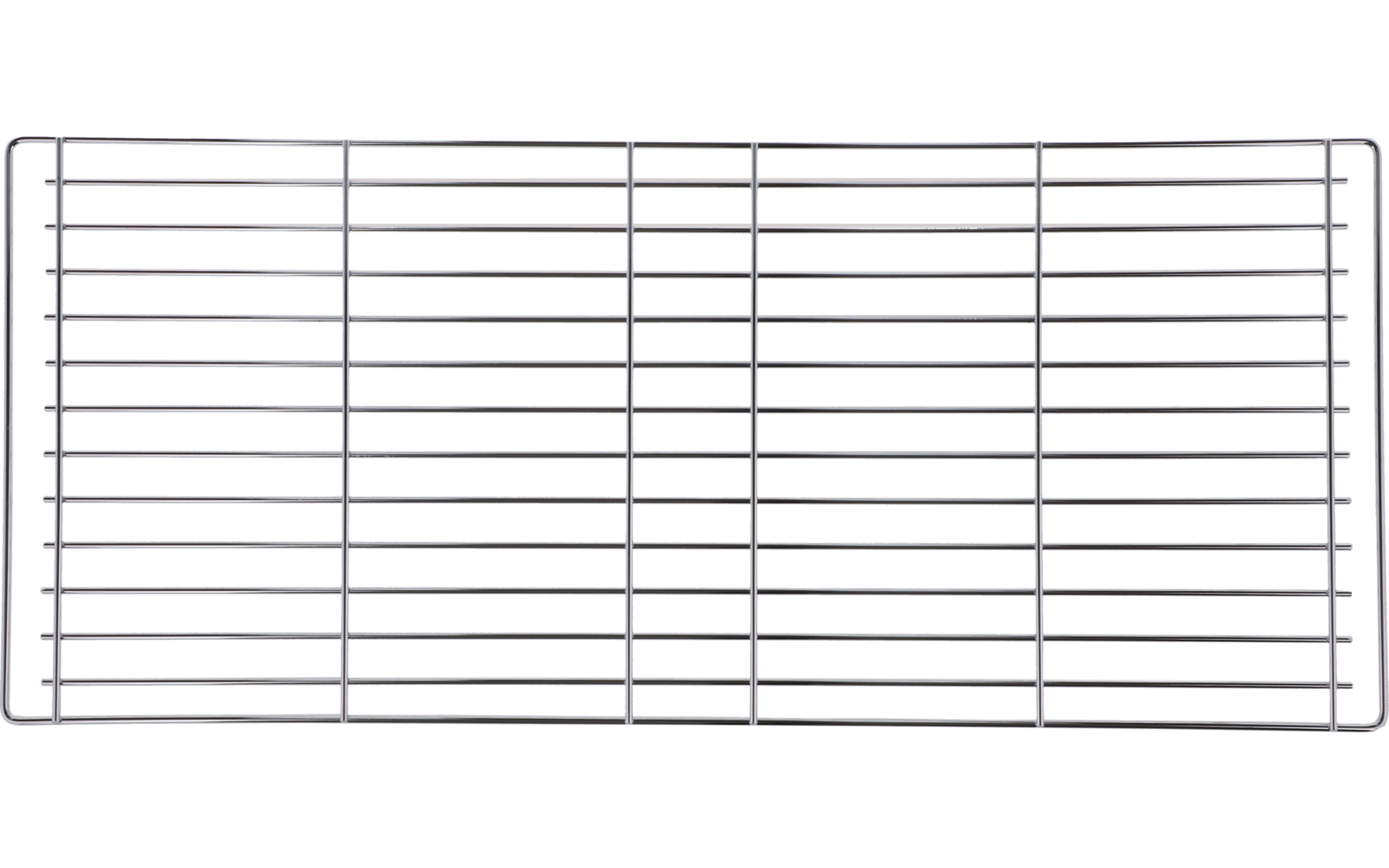 Ein rechteckiges, metallisches Grillrost mit parallelen Streben