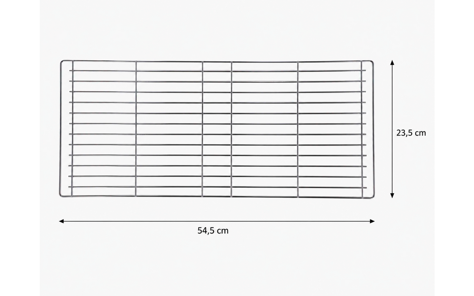 Rectangular wire grid with horizontal and vertical wires; horizontal arrow with measurement '54,5 cm' below, vertical arrow with measurement '23,5 cm' at right; white background