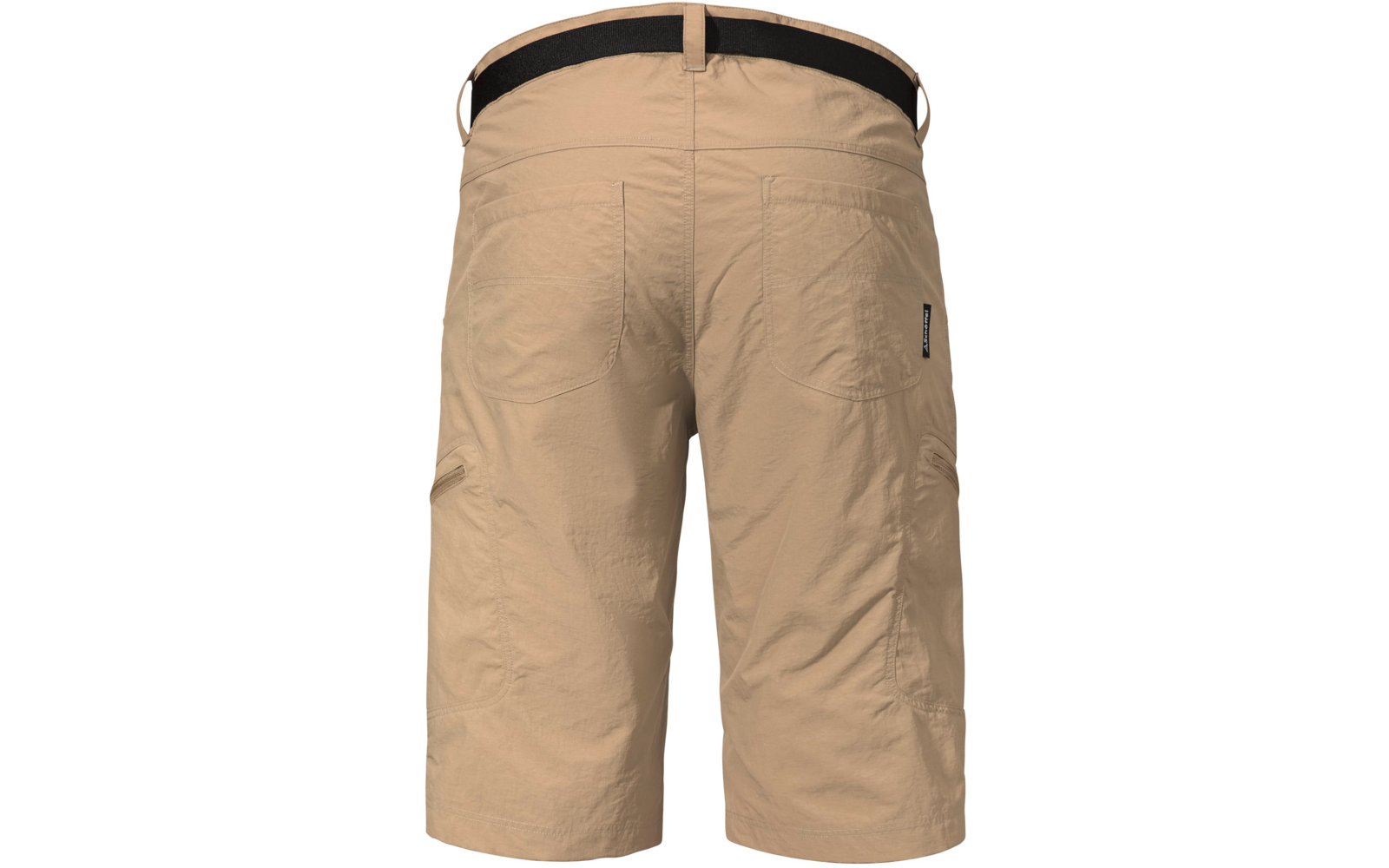 Short beige arrivant au genou vu de dos, avec une ceinture noire, deux poches arrière plaquées et une petite étiquette noire sur la poche droite