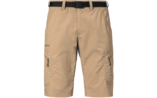 Short beige jusqu'aux genoux avec ceinture noire, deux poches zippées sur les cuisses et poches avant