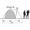 Profilzeichnung eines Zelts mit grauem Innenzelt, Spannleinen und Beschriftungen '190/Inner 180' und '175'; darunter horizontale Maße 50, 220, 140 und Gesamtlänge 410; rechts zwei schwarze Personen-Silhouetten, eine Person trägt ein Kind