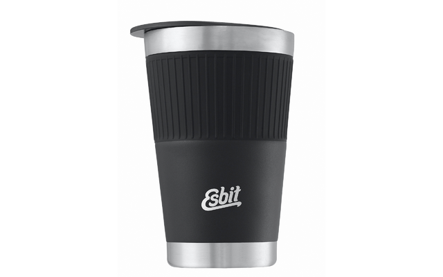 Ein schwarzer und silberner Thermobecher mit gerippter Oberfläche und der Aufschrift 'Esbit'
