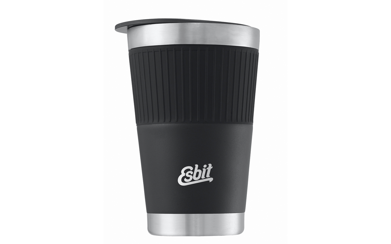 Ein schwarzer und silberner Thermobecher mit gerippter Oberfläche und der Aufschrift 'Esbit'