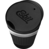 Schwarzer Coffee-to-go-Becher mit schwarzem Deckel und geprägtem Logo