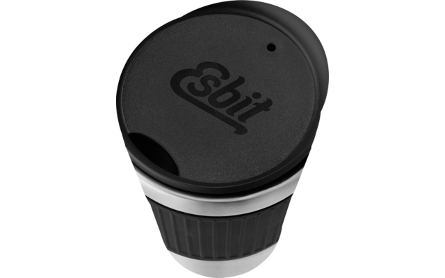 Becher mit schwarzem Deckel und dem Logo Esbit