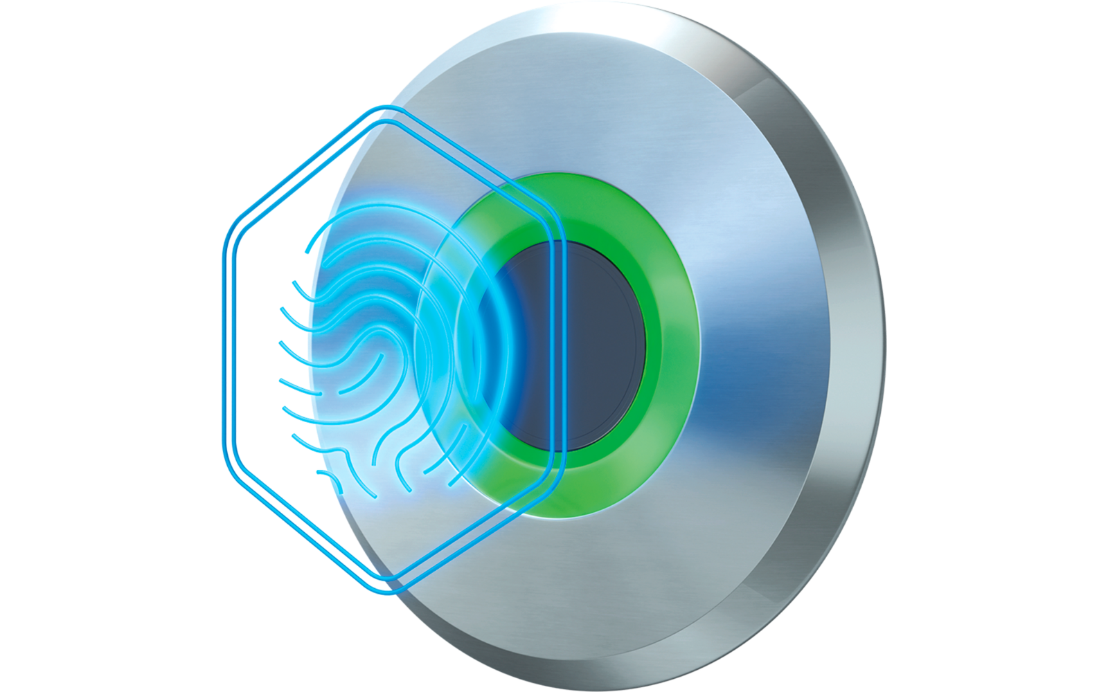 Rundes metallisches Gerät mit grünem Ring, dunklem Zentrum und blauer holografischer Fingerabdruck-Grafik vorne links