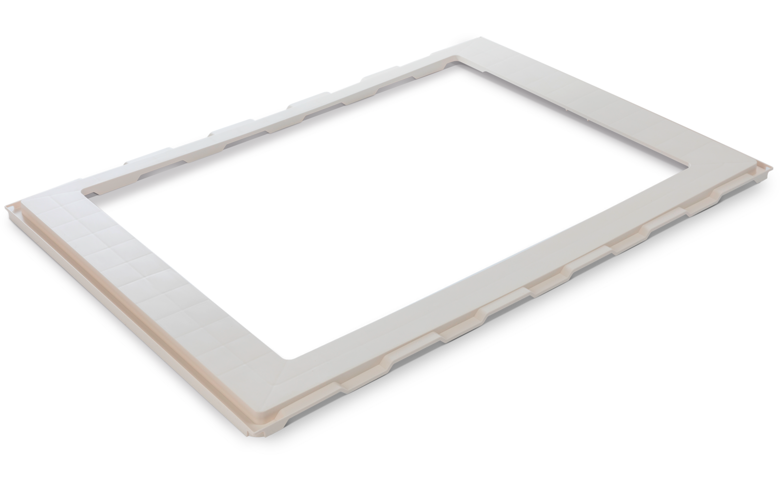 Weißer rechteckiger Rahmen mit einer transparenten Innenfläche auf weißem Hintergrund