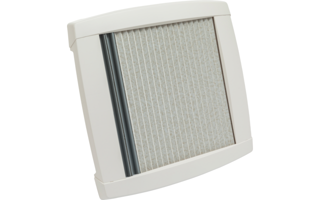 Cadre rectangulaire en plastique blanc contenant un matériau plissé gris clair et une bande verticale noire à gauche