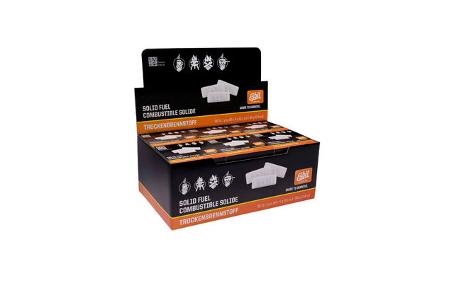 Offenes schwarzes Verkaufsdisplay mit mehreren Packungen weißen festen Brennstoffblöcken; zwei einzelne weiße Tabletten sichtbar; orange-weißes Esbit-Logo auf der Verpackung