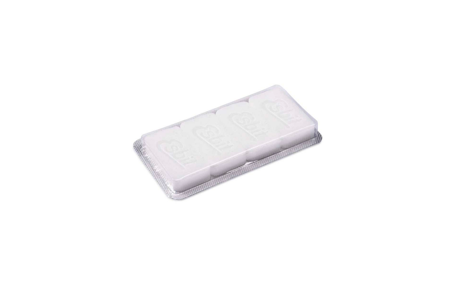 Blisterpackung mit sechs weißen rechteckigen Tabletten in zwei Reihen, transparente Kunststofffolie und silberne Aluminiumrückseite