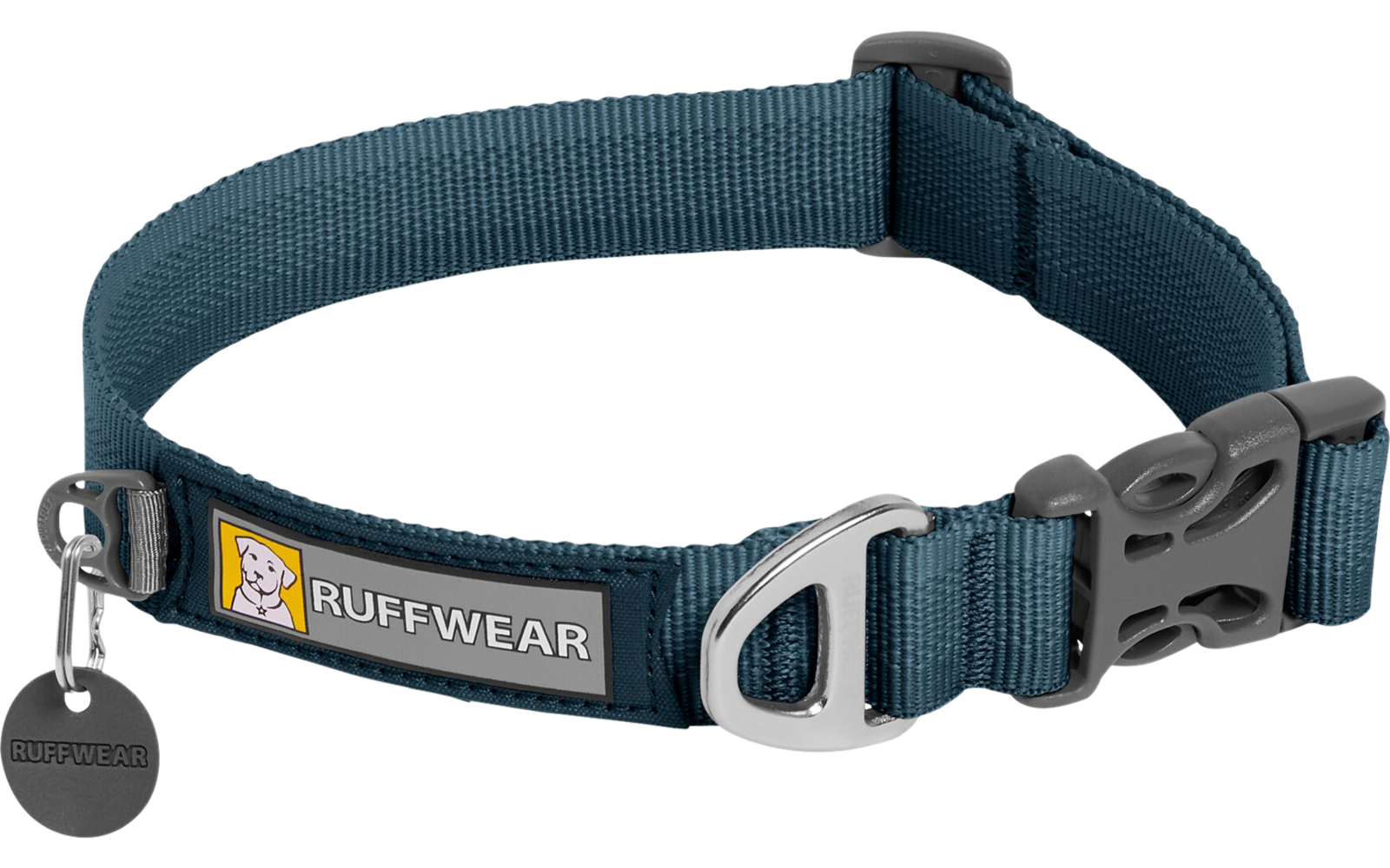 Collier pour chien bleu sarcelle en nylon avec boucle en plastique, anneau en D métallique, étiquette tissu "RUFFWEAR" et médaille métallique ronde