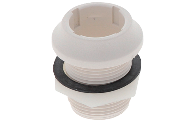 Weißes zylindrisches Kunststoffteil mit zwei Außengewinden, schwarzem Gummiring und oberer Öffnung mit mehreren Aussparungen