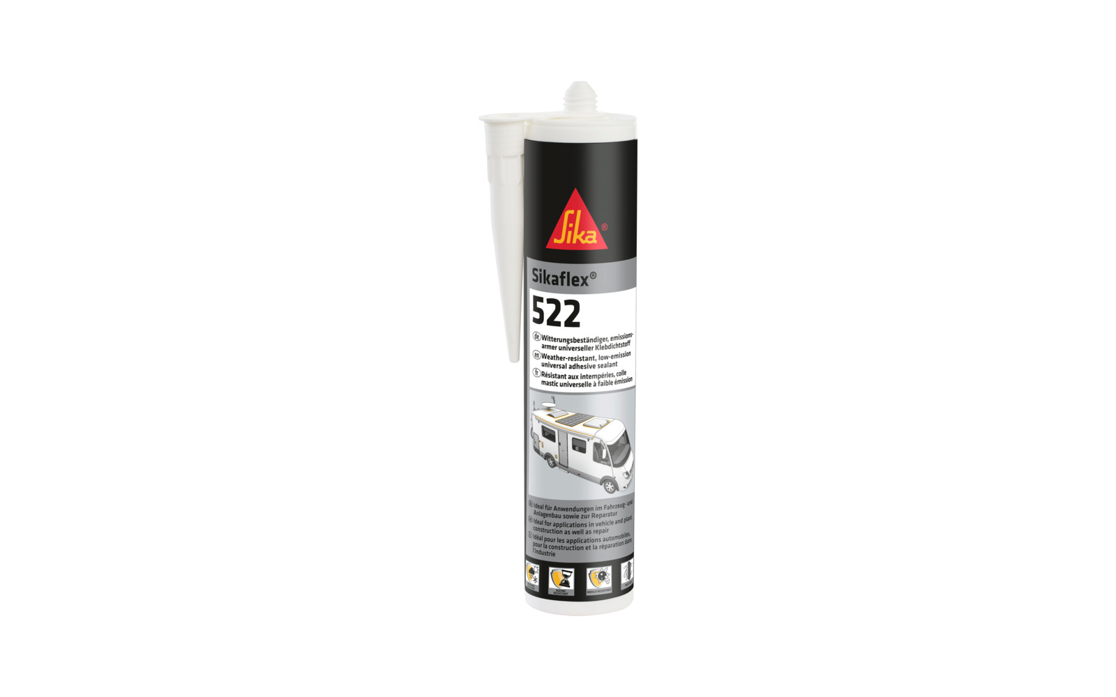 White cartridge with black label, red triangular Sika logo, text 'Sikaflex 522', white nozzle, small motorhome image and pictogram icons at bottom