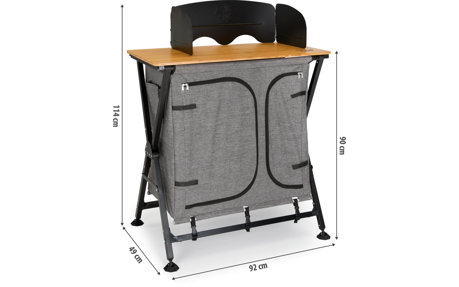 Foldable desk with laptop and gray fabric curtain, dimensions shown
