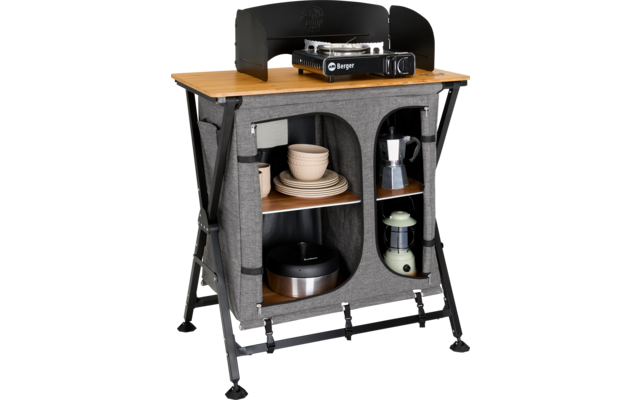 Mobiler Grillwagen mit Holzkohlegrill, Holzbrettern und zwei Schrankfächern