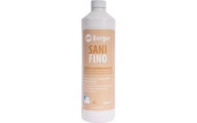 Weiße Kunststoffflasche mit beigem Etikett, Aufdruck Berger SANI FINO Spülwasserkonzentrat 1000 ml und kleines Piktogramm