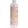 Weiße Kunststoffflasche mit rundem weißen Schraubverschluss, mittiger durchsichtiger rosa Messstreifen, beiges-orangefarbenes Etikett mit großem weißen Textfragment 'SA... FIN...', linke Seite mit kleingedrucktem Text und Milliliter-Skala, unten rech