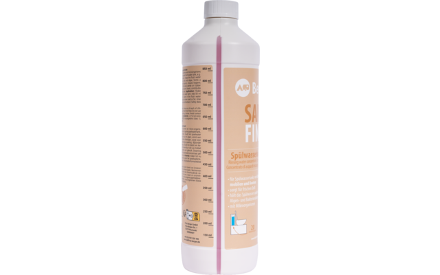 Weiße Kunststoffflasche mit rundem weißen Schraubverschluss, mittiger durchsichtiger rosa Messstreifen, beiges-orangefarbenes Etikett mit großem weißen Textfragment 'SA... FIN...', linke Seite mit kleingedrucktem Text und Milliliter-Skala, unten rech