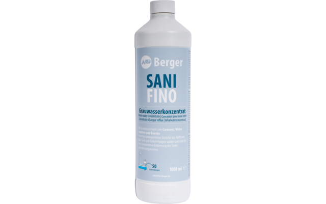 Weiße Kunststoffflasche mit hellblauem Etikett, Aufdruck 'Berger', 'SANI FINO', 'Grauwasserkonzentrat' und '1000 ml'