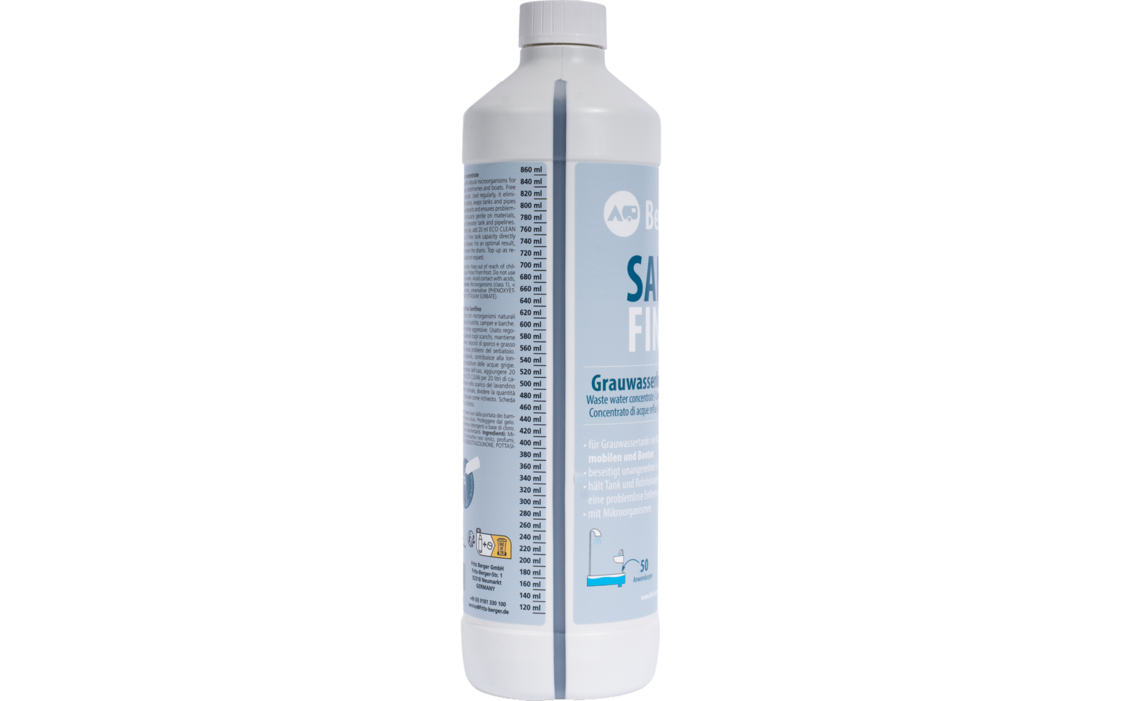 Weiße Kunststoffflasche mit Schraubverschluss, blau-graues Etikett, senkrechte Messskala und kleine gedruckte Textspalten