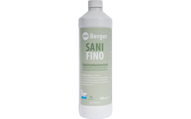 Weiße Kunststoffflasche mit grünem Etikett, Aufdruck 'Berger' oben, großer Schriftzug 'SANI FINO', darunter 'Toilettenkonzentrat', '1000 ml' und ein kleines Toilettenpiktogramm