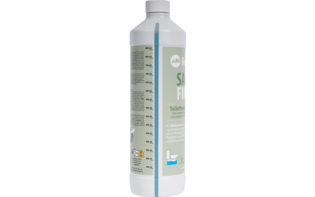 Weiße Kunststoffflasche mit Schraubverschluss, grünem Etikett mit teilweise lesbarem Text, blauer Messskala an der Seite und kleinem Piktogramm einer Toilette