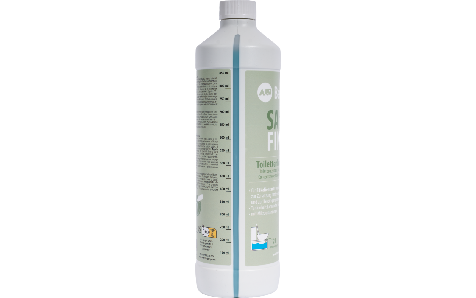 Weiße Kunststoffflasche mit Schraubverschluss, grünem Etikett mit teilweise lesbarem Text, blauer Messskala an der Seite und kleinem Piktogramm einer Toilette
