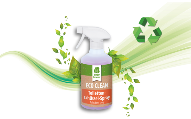 Sprühflasche mit Triggerkopf und Etikett 'ECO CLEAN Toiletten-schlüssel-Spray', grünes Blattlogo, grüne Blätter, Recycling-Symbol und grüne Wellen auf weißem Hintergrund