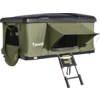 Tenda da tetto rettangolare verde oliva con copertura rigida nera, pattina finestra anteriore aperta con tettuccio, sportello d'ingresso laterale, scala telescopica estesa, logo "punii", sfondo bianco