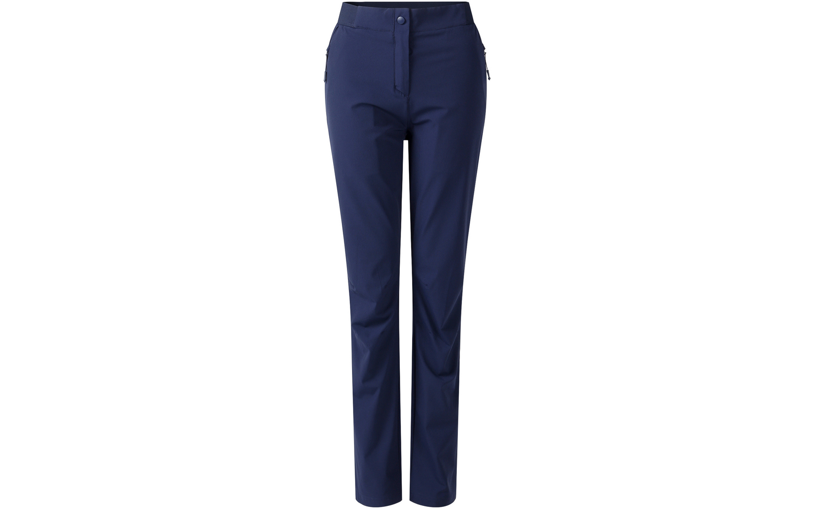 Donkerblauwe broek, rechte pasvorm, vooraanzicht, knoop- en ritssluiting, ritszakken aan de zijkanten