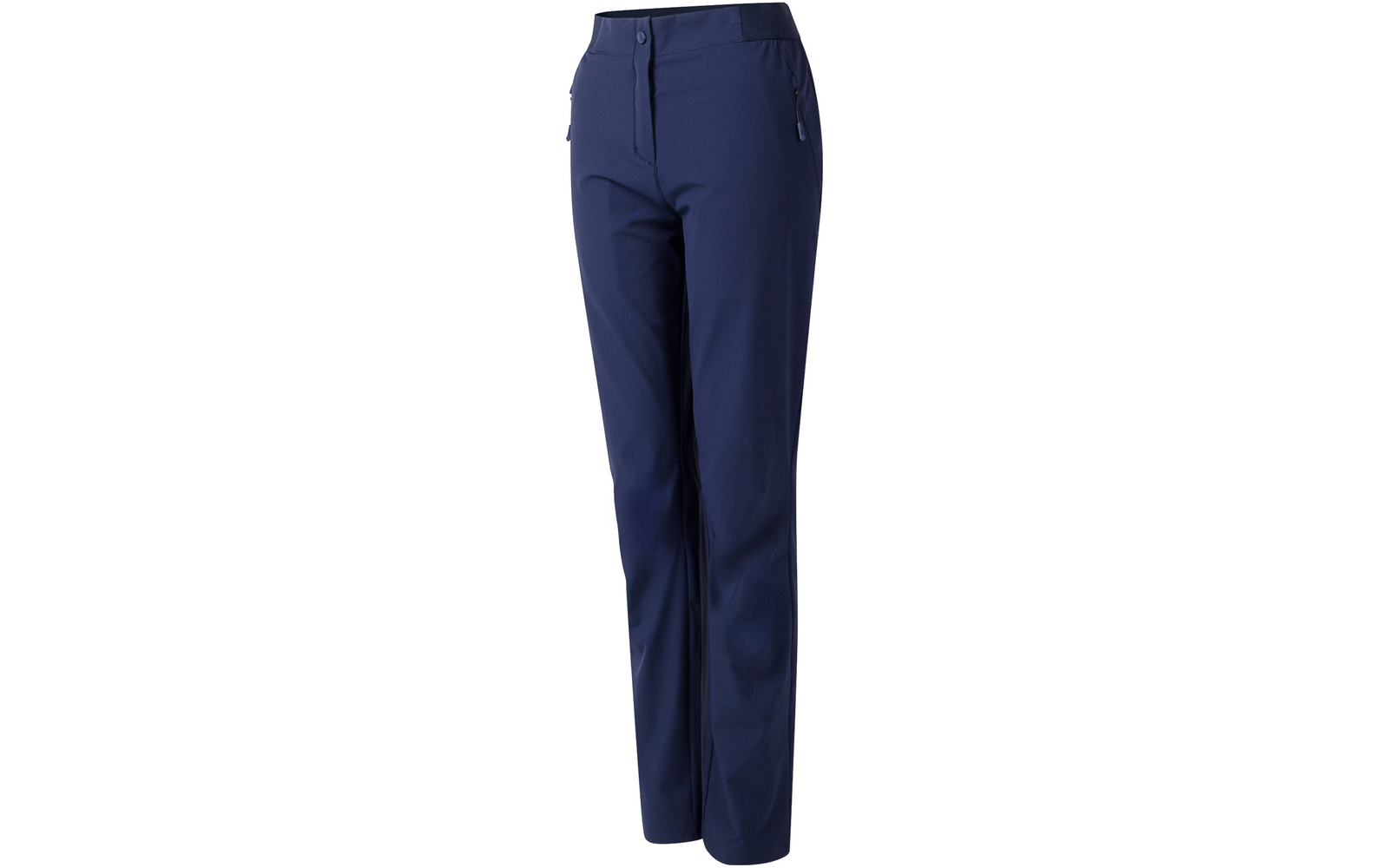 Donkerblauwe broek met rechte pijpen, tailleband met knoop en twee ritszakken aan de voorkant