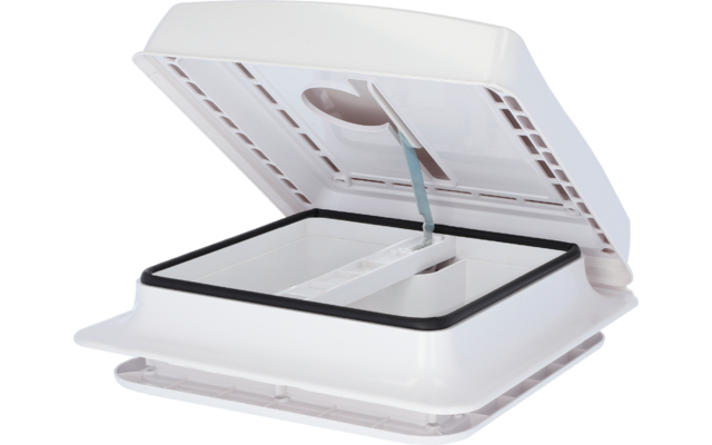 Weiße Kunststoffluke mit offenem Deckel und elektrischer Verkabelung im Inneren